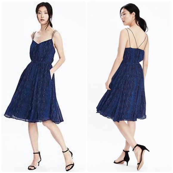 Banana Republic Navy Snake Print Strappy Crossback Fit & Flare Sheer Dress Sz S - Picture 1 of 10